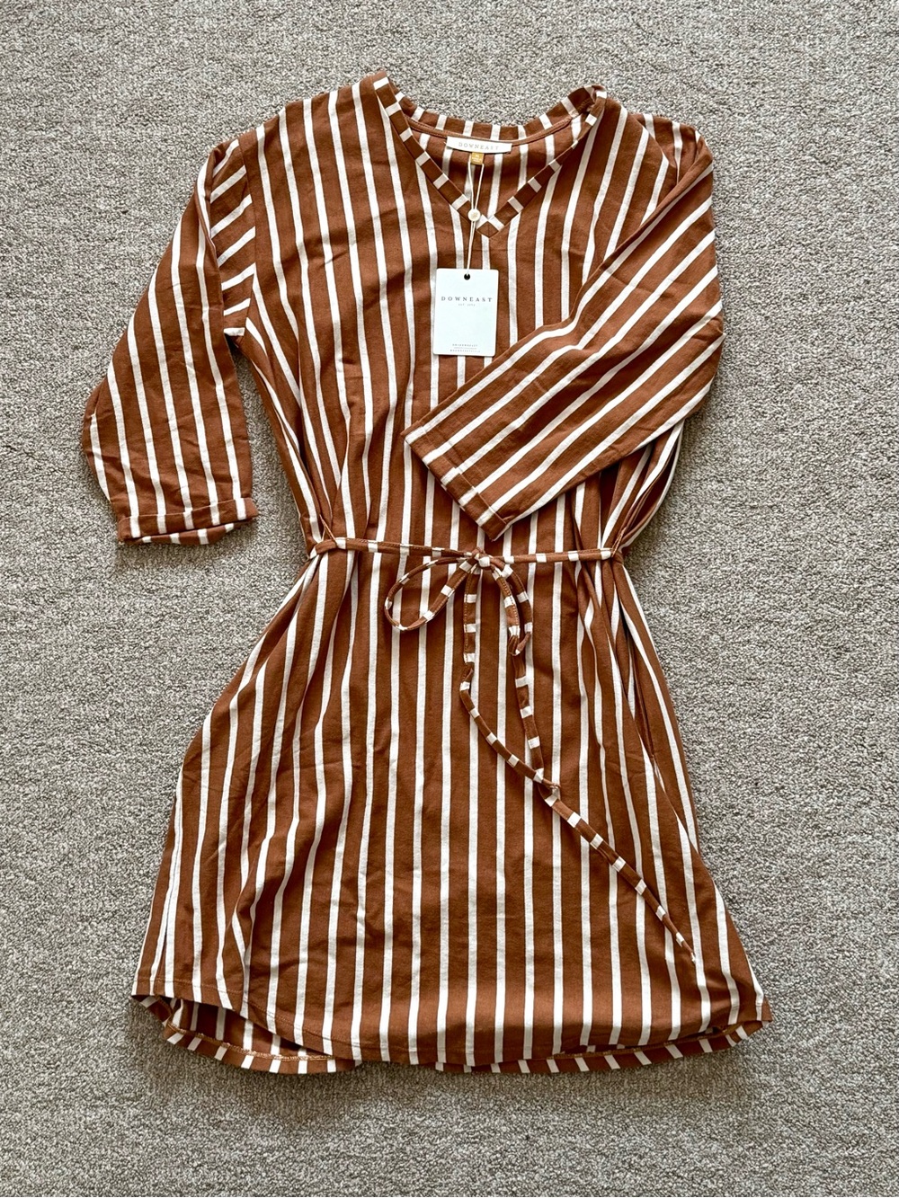 DownEast Brown and White Striped Tie-Waist Midi Dress